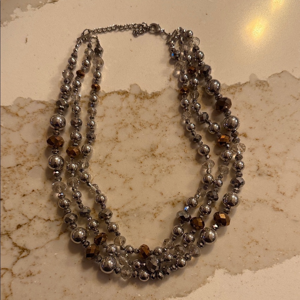 Elegant Silver and Brown Beaded Necklace